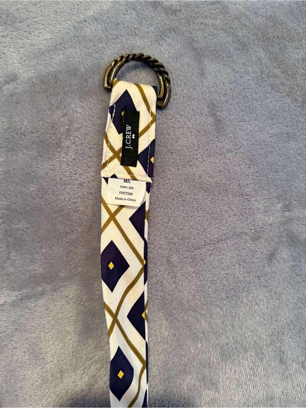J. Crew 100% Silk D-Ring Ribbon Belt Womens M/L Navy Gold Geometric Preppy - Picture 4 of 5